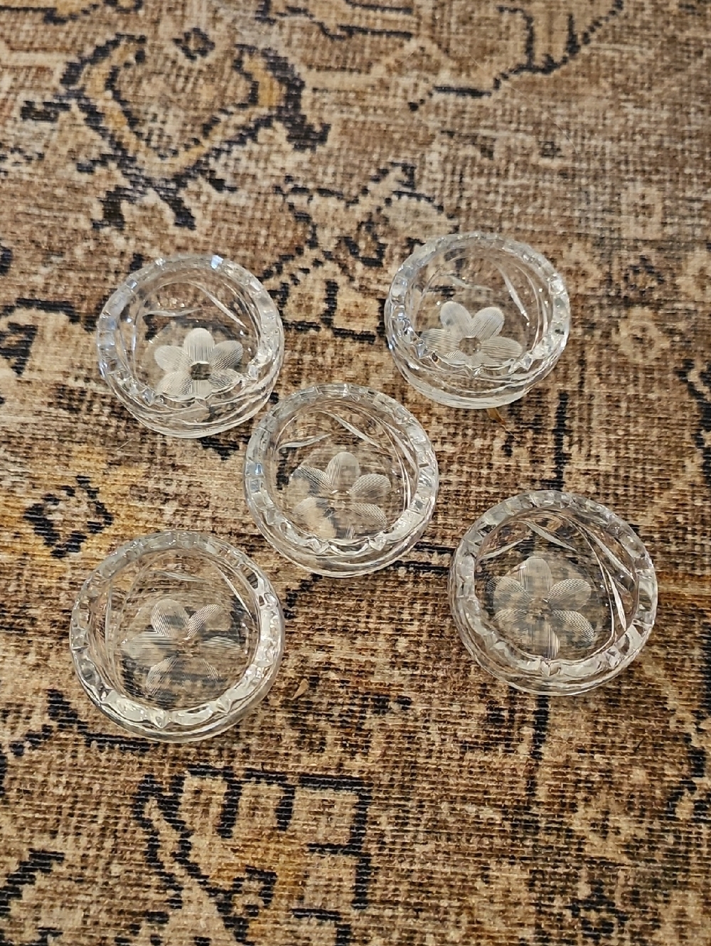 SALE! Set of 5 Glass Open Salt Cellars, Etched Floral And Sawtooth Rim - Picture 2 of 16